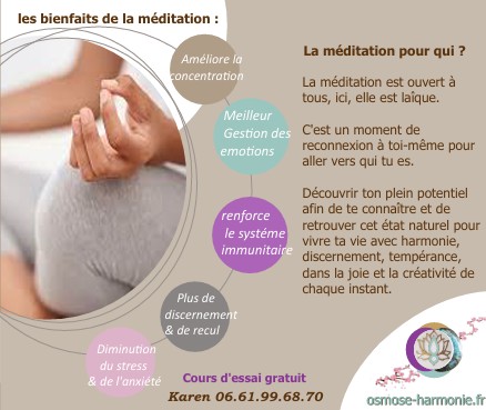  les bienfaits de la méditation, incluant l'amélioration de la concentration, la meilleure gestion des émotions, le renforcement du système immunitaire, ainsi que la diminution du stress et de l'anxiété. Le visuel invite à découvrir le potentiel de la méditation pour favoriser le bien-être et la joie, avec les coordonnées pour un cours d'essai gratuit.